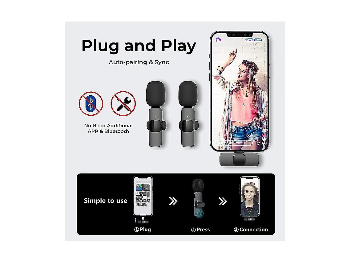 Microfone De Lapela Sem Fio Para Usb-c, Redução De Ruído Plug And Play, Sincronização Automática, Microfone De Lapela Ao Vivo, Vlo