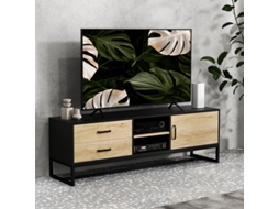 Móvel De Tv Para Televisores Até 60 Polegadas, Móvel De Tv Com Armário, Compartimentos Abertos, 2 Gavetas, Madeira Natural