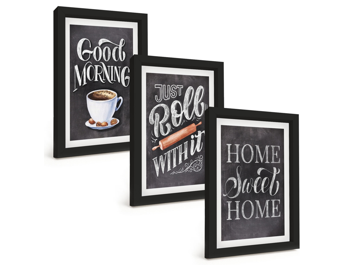 Conjunto De Pinturas Motivos De Cozinha Doméstica, Letras Moldura Preta Quadros Para A Sala De Estar Espelharte (3 Peças 20x30 Cm)