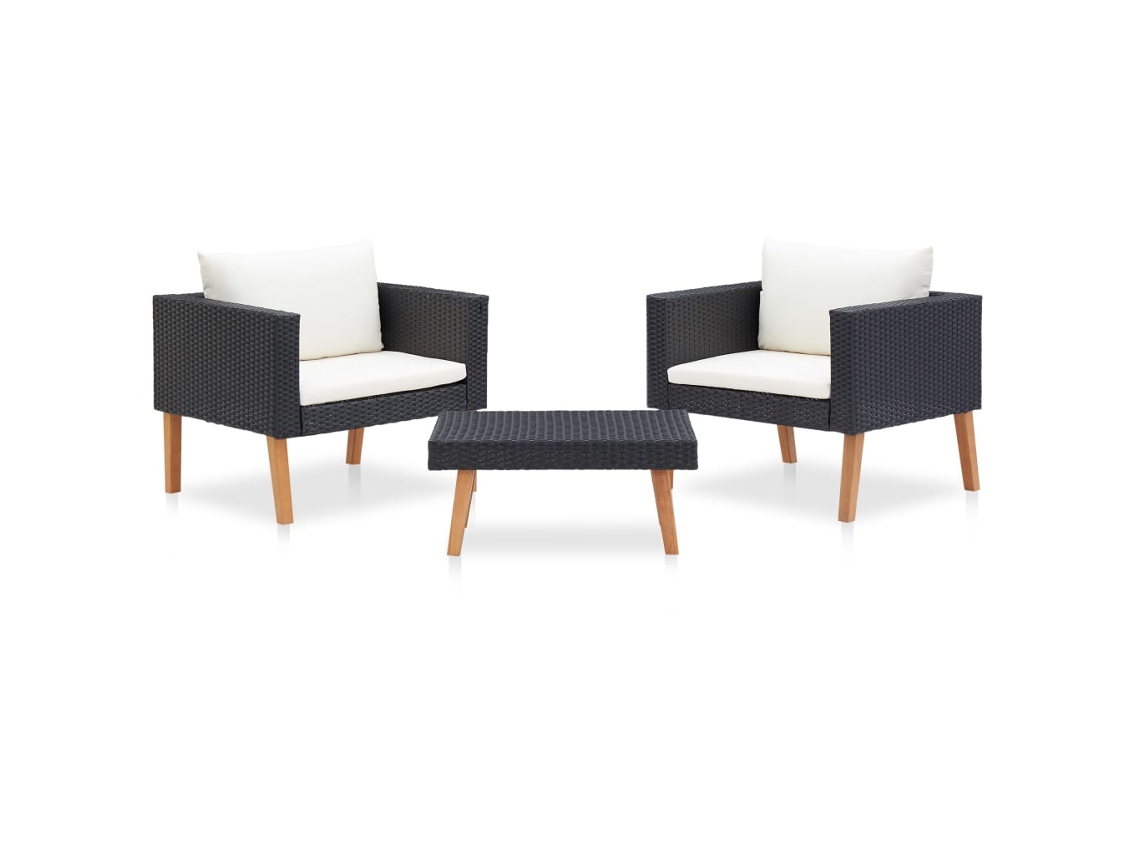Vidaxl 3 Pcs Conjunto Lounge Para Jardim C/ Almofadões Vime Pe Preto