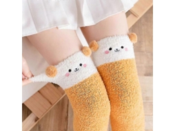 Meias De Lã Coral Macia Até O Joelho, Ideias Para O Inverno, Para Meninas E Mulheres. Meias Listradas Com Estampas De Animais Flufos E Desenhos Animados