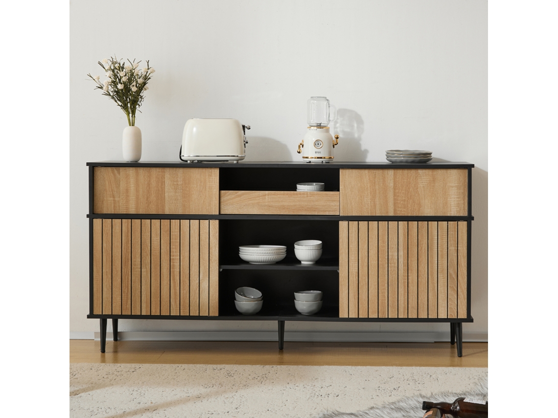 Cômoda 4 Portas Correr 1 Gaveta Carvalho Preto 160x40x80cm