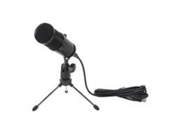 Microfone condensador com cancelamento de ruído para gravação, suporte anti-choque e base triangular para rádio e telefone.