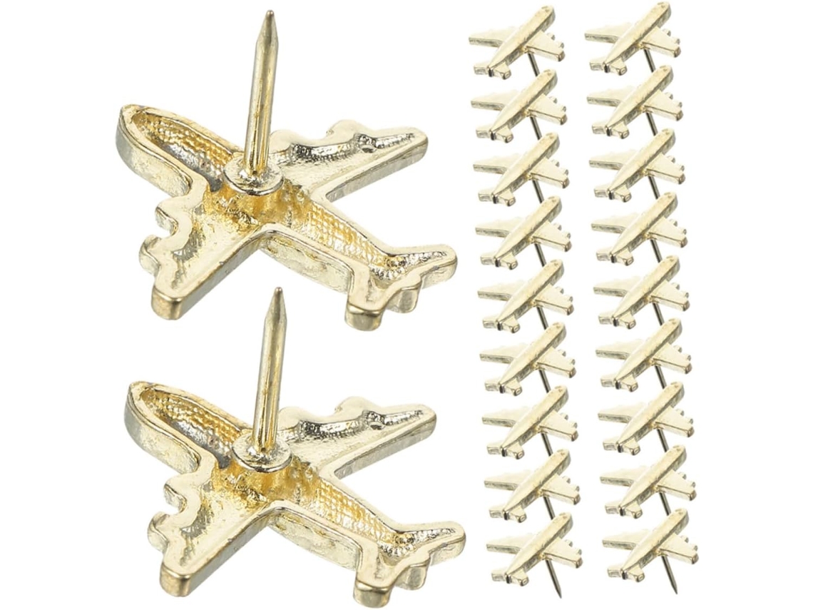 Conjunto Cabilock com 60 Tachinhas Decorativas em Metal Dourado com Formato Avião para Mesa e Casa, Design