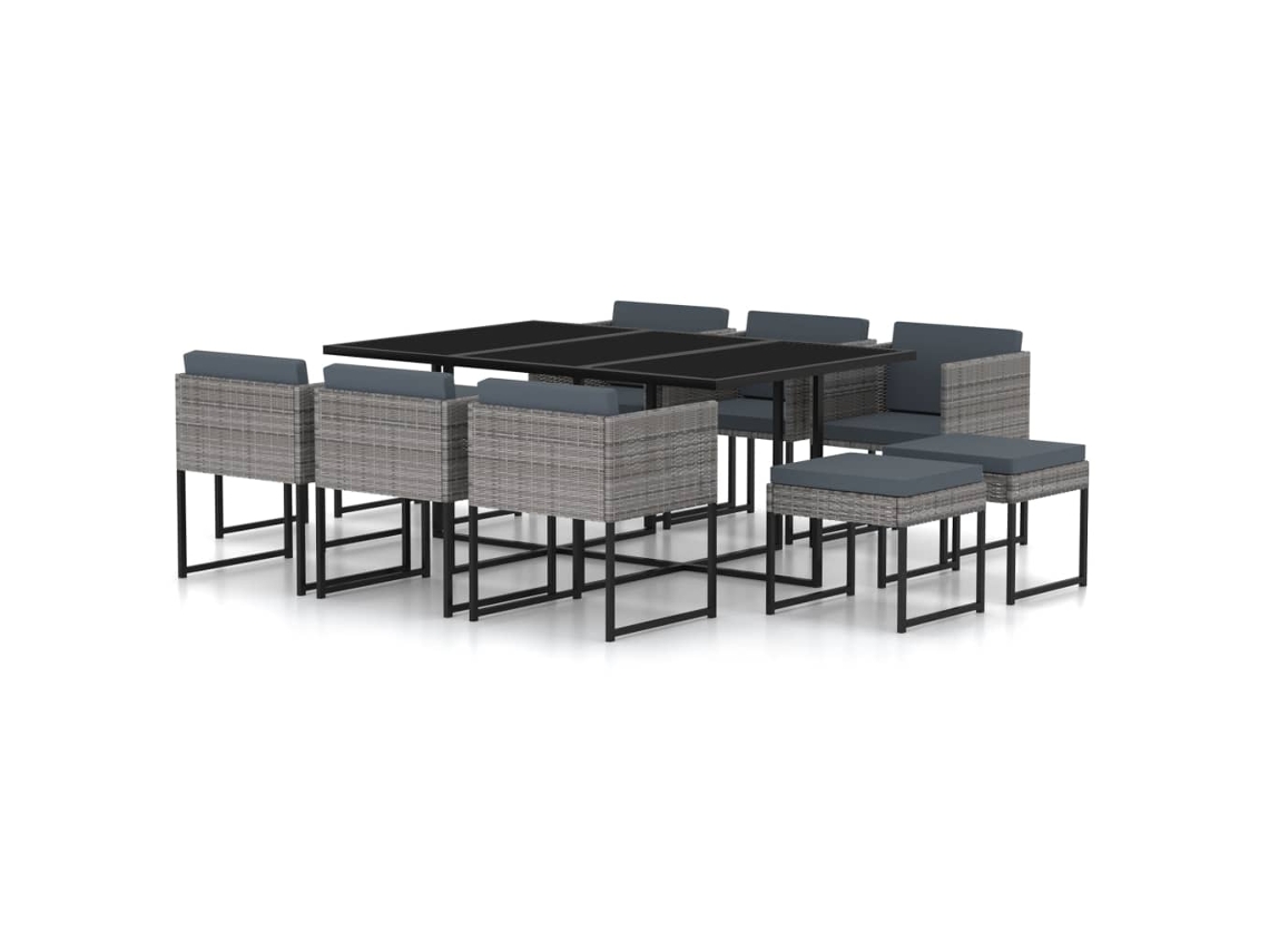 Vidaxl 11 Pcs Conjunto Jantar Exterior Com Almofadões Vime Pe Cinzento