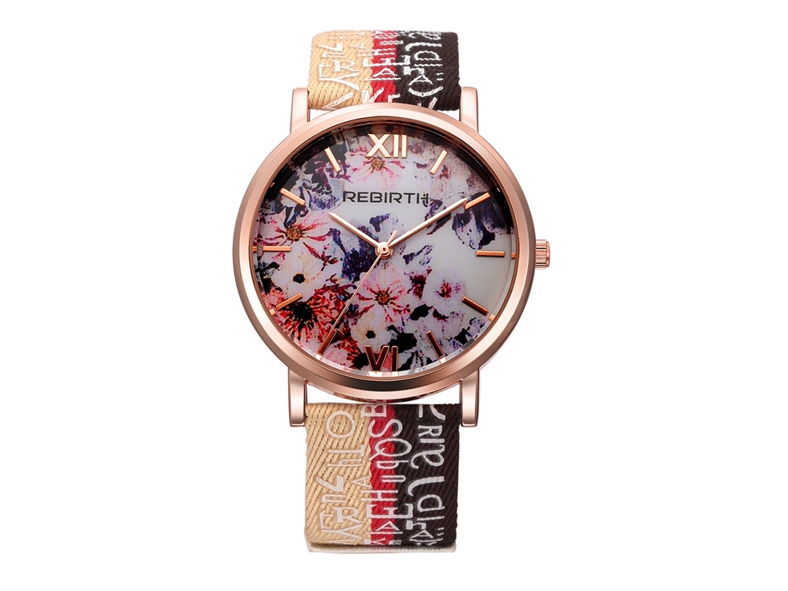 Relógio de Pulso Feminino de Quartzo com Padrão Floral e Cinto de Náilon Dourado