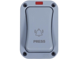 Câmera externa resistente às intempéries com luz indicadora e botão de pressão, para montagem em superfície, ideal para uso em ambientes externos.