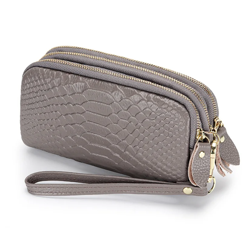 Carteira Feminina Em Couro Genuíno Cinza, Bolsa De Pulso Longa Com Zíper, Carteira Feminina Moderna Com Estampa De Crocodilo.