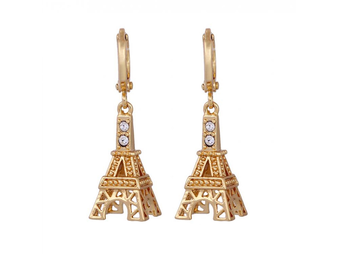 Brincos De Ouro Com Zircão E Design Torre Eiffel