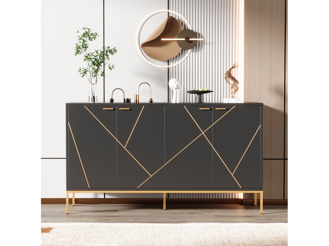 Aparador Preto/dourado 150x80x40cm, 4 Portas, Metal.-xm