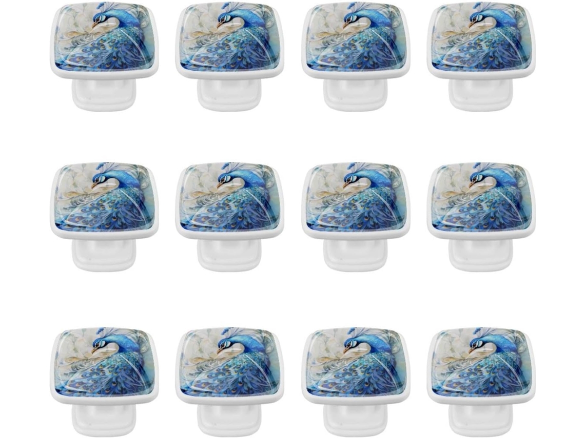 Puxadores Quadrados Para Armários De Cozinha, Puxadores Para Gavetas De Cômoda, 12 Peças, Pavão Pintado A Óleo Azul