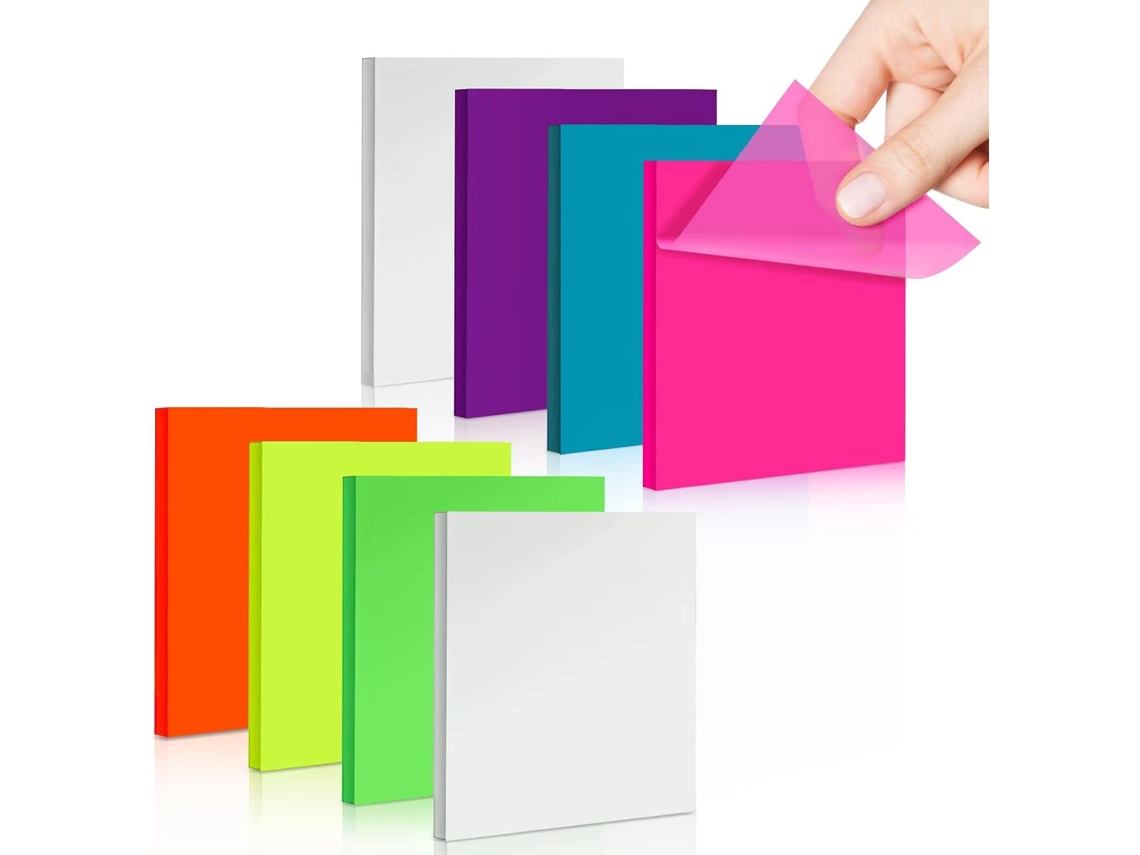 Blocos De Notas Adesivas, 400 Folhas, 7 Cores, 8 Unidades, Transparentes