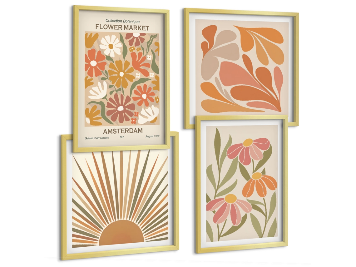 Composição De Quadros Estilo Boho Flores Geométricas Espelharte (4 Peças)