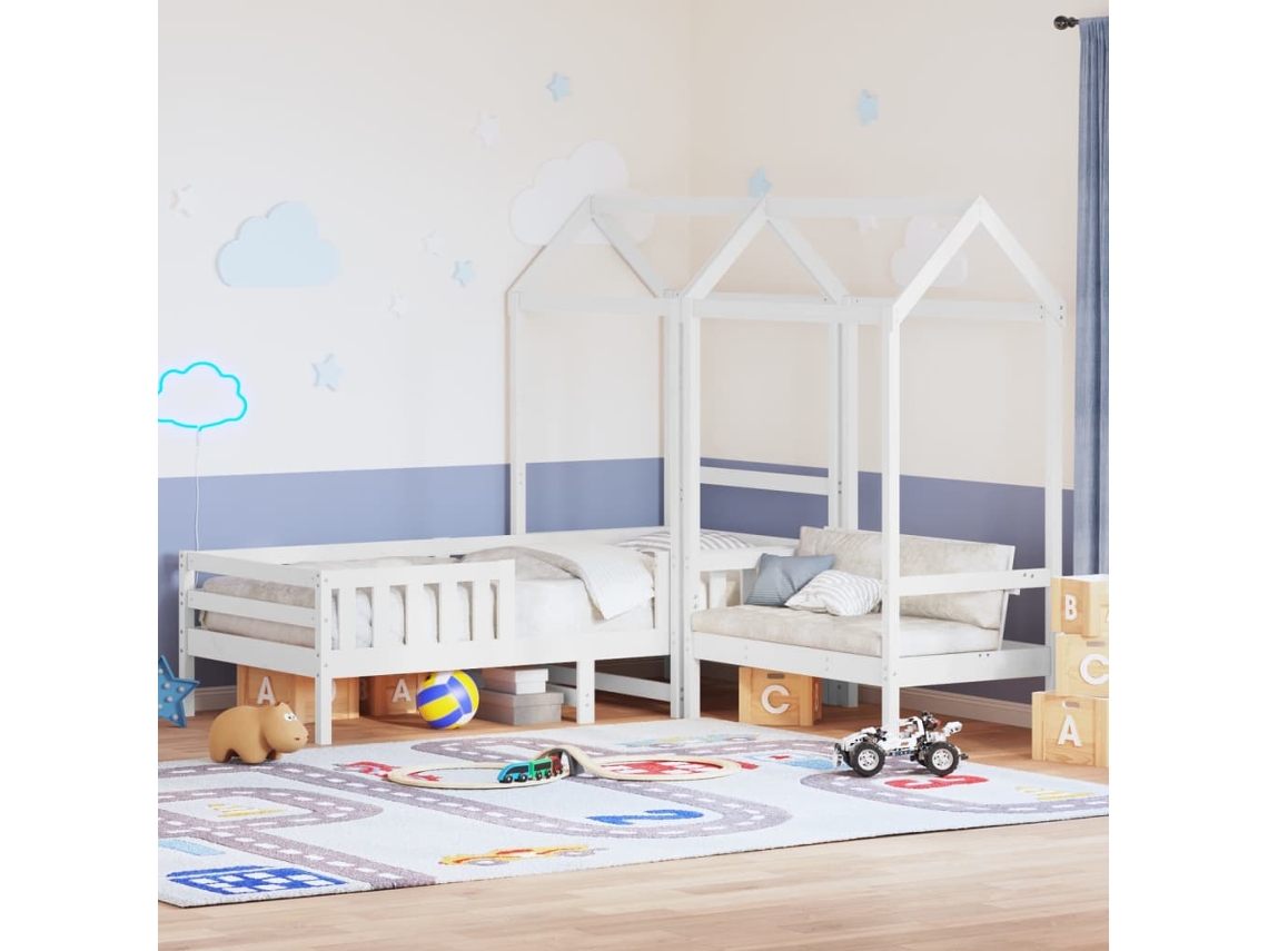 Conj. De Cama E Banco Com Telhado 80x200 Cm Pinho Maciço Branco