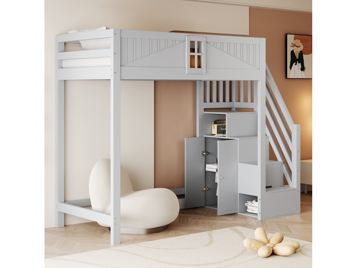 Cama Alta Infantil Madeira 90x200 Mm Porta Janela Escada Dobrável Cinza