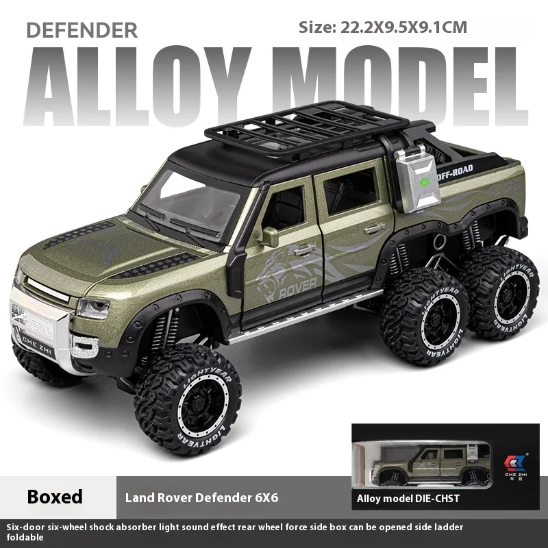 (verde) Miniatura Do Land Rover Defender De Seis Rodas Em Escala 1:24 Com Som E Luz Simulados.