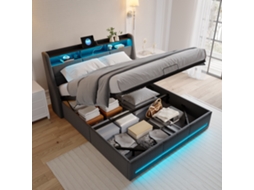 Cama De Casal 140 X 190 Cm, Cama Com Arrumação Hidráulica, Estofos Em Led, Faixas De Luz Na Cabeceira E Nos Pés Da Cama, Tecido De Linho, Cinzento