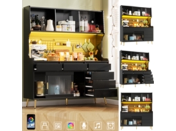 Armário Alto Moderno Com Led E Controle Por App, Para Cozinha Ou Sala, Com Gaveta, Aparador E Painel Perfurado, 145x39x171cm, Preto.