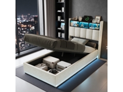 Cama Solteiro 90x200 Com Arrumação Por Gás, Sommier Solteiro Com Cabeceira De Veludo Branco, Luzes Led Rgb E Usb/type-c, Cama Box Solteiro