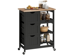 Carrinho Auxiliar Cozinha com Rodas, 3 Gavetas, 2 Prateleiras, Bandeja Removível, 67x37x85,5 Cm, Preto