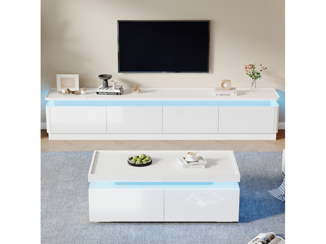 Conjunto De Sala: Móvel Para Tv E Mesa De Centro, Branco Brilhante Com Led, 4 Gavetas, Para Tvs Até 75 Polegadas