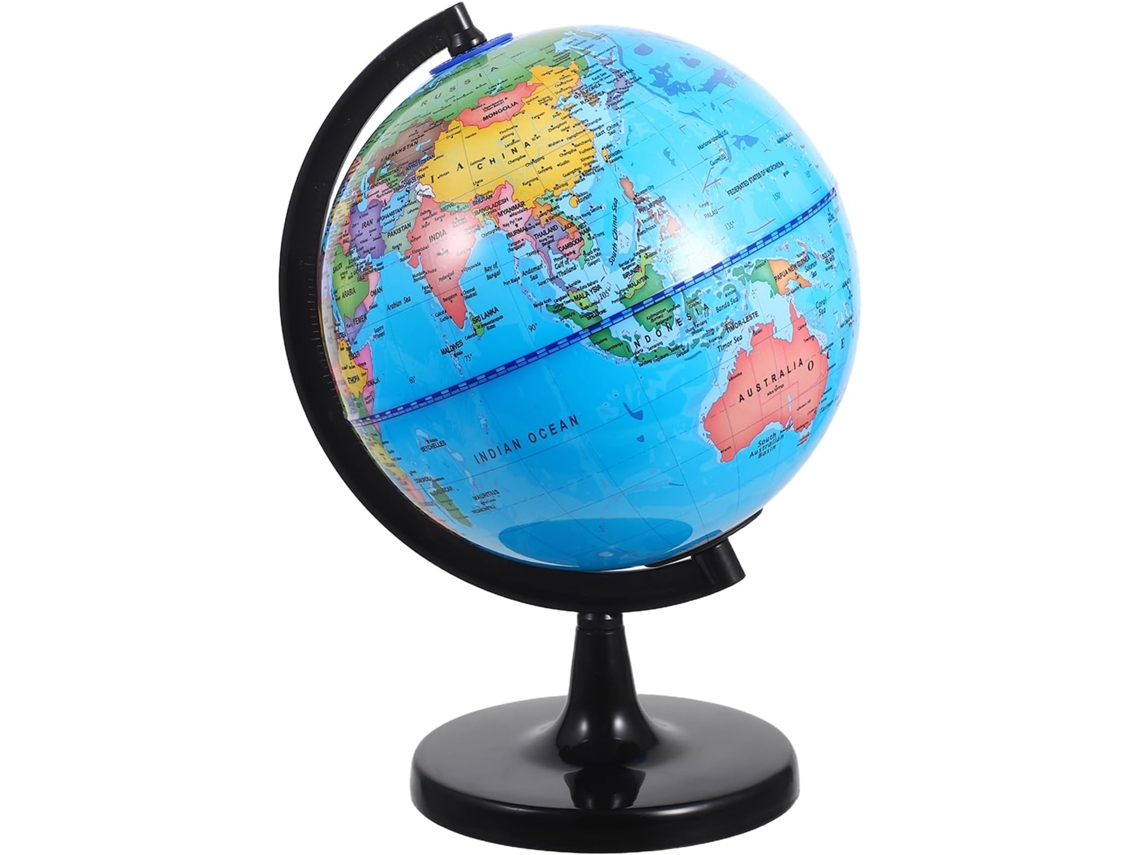 Globo terrestre educativo de plástico com base de 20 cm e mapa-múndi detalhado de alta definição.