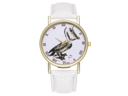 Relógio feminino Zhoulianfa de quartzo com pulseira de couro PU e mostrador redondo com estampa de pássaros brancos.