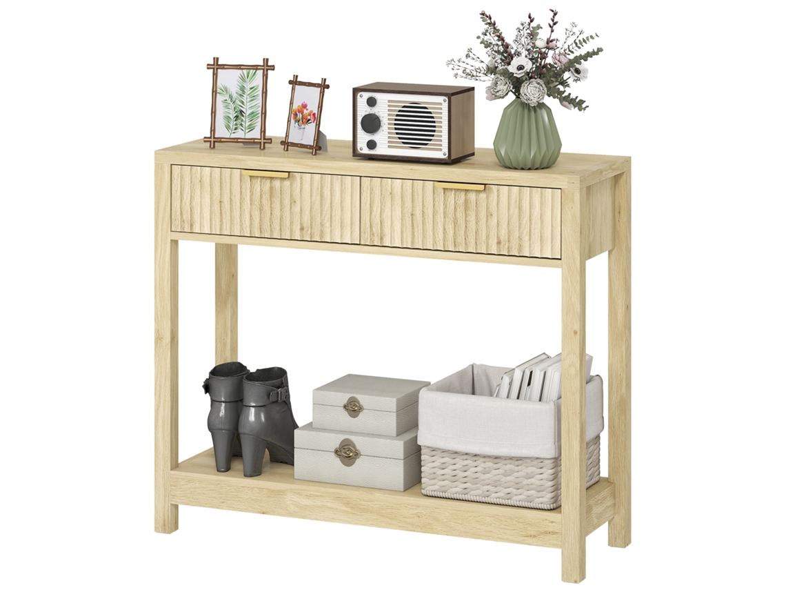 90 Cm, Console De Móveis Natural, Com 2 Gavetas E Prateleira