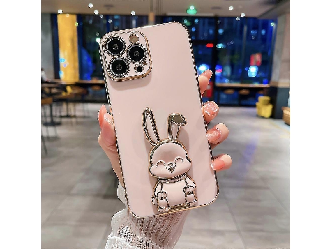 Capa De Celular Com Suporte De Coelho Banhado A Ouro Para Iphone 14 Plus, Rosa
