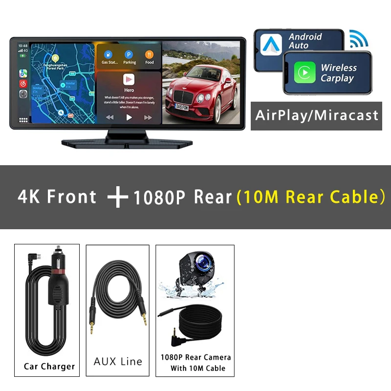 (dvr-10m 64g) Câmera Veicular 4k, 10,26 Polegadas, Carplay, Gps, Lente Dupla