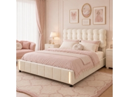Cama Estofada 140x200cm Com Iluminação Led, Cama De Casal Hidráulica Com Base De Ripas E Espaço De Arrumação, Veludo, Bege, Simurq