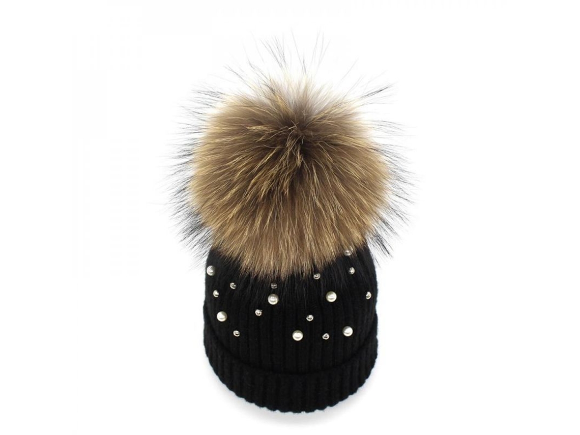 2026-gorro De Lana Para Mujer Com Pompon De Pele Natural E Pérolas Moda Inverno Negro
