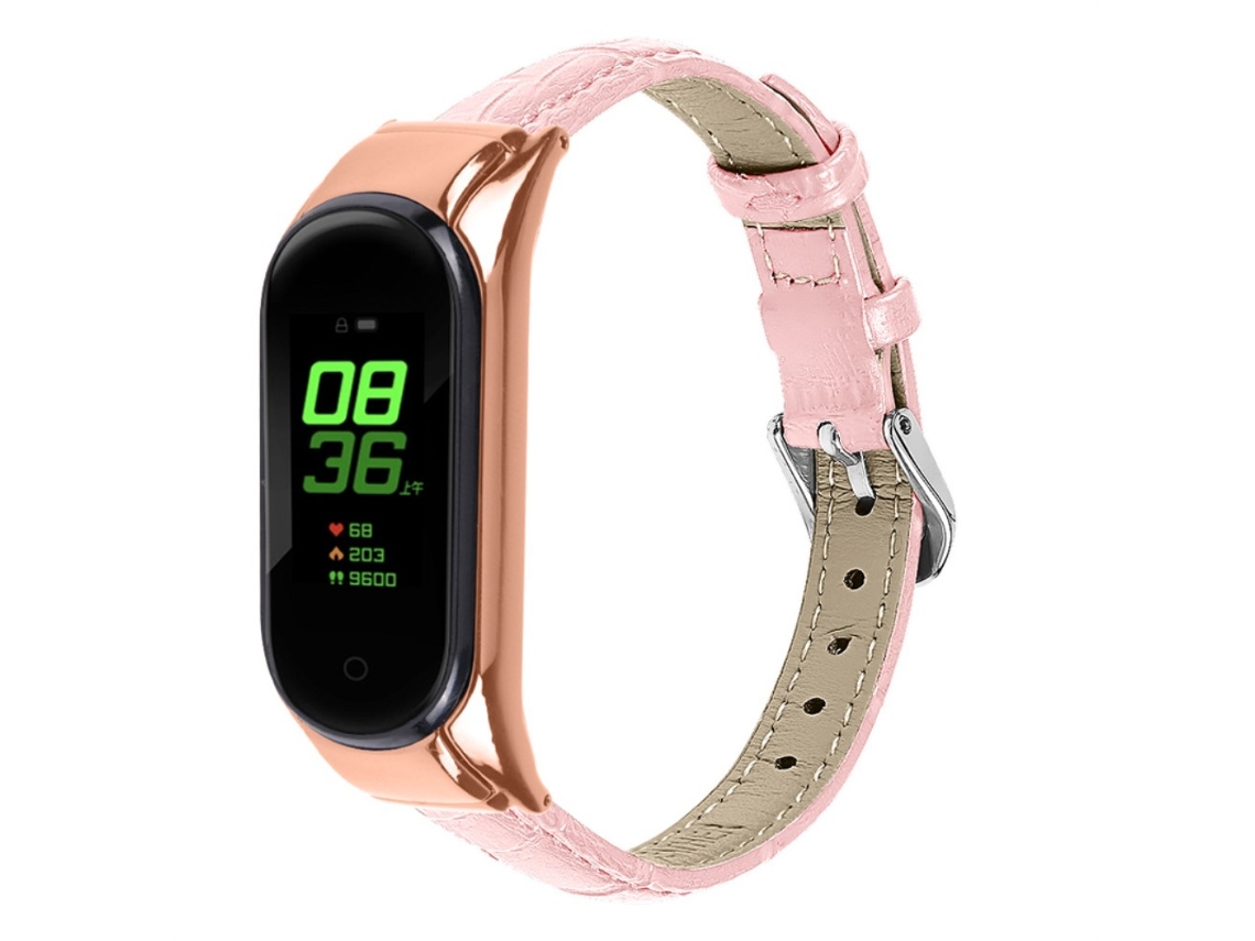 Bracelete de Couro Genuíno Grão de Bambu Design de Fivela para Xiaomi Mi Band 7 Rosa