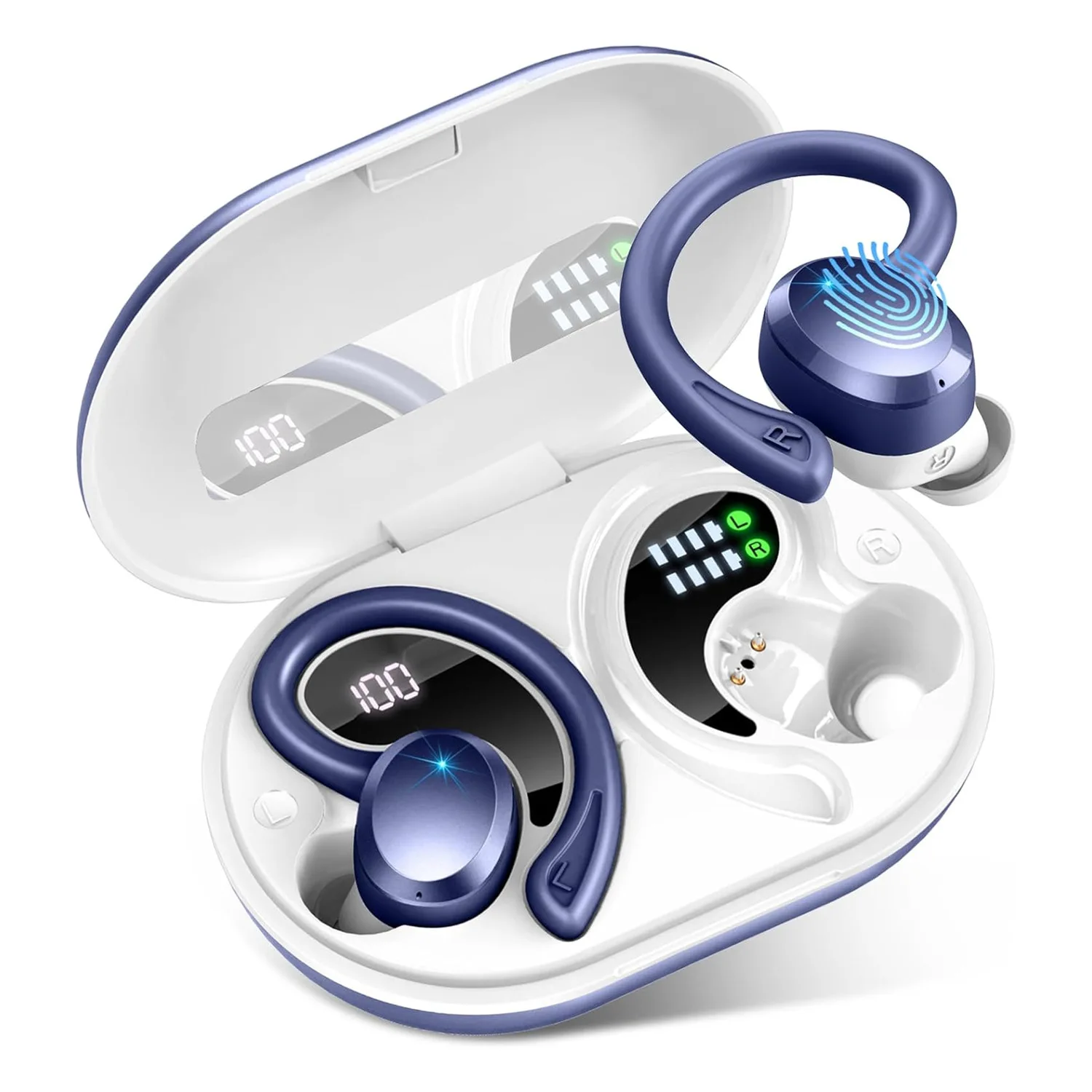 Fones De Ouvido Sem Fio Bluetooth 5.3 (azuis), Bateria De Longa Duração, Design Com Gancho Para Orelha.