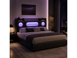 Cama Hidráulica 140x200 cm com LED e USB, Cama Baú com Arrumação na Cabeceira, Cama de Casal Estofada com Janela em Acrílico, Preto PU