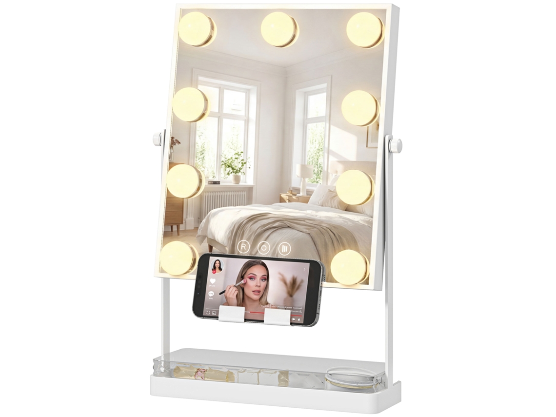 Espelho De Maquilhagem Com Luz 9 Lâmpadas Led 3 Cores Interruptor Tátil Suporte Para Telemóvel Branco