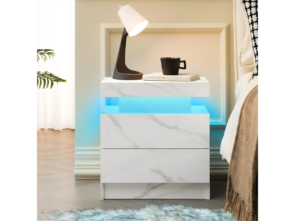 Criado-mudo Led Iluminação De Armário De Cabeceira Lado Moderno Na Extremidade Com 2 Gavetas Para O Quarto (pedra Branca)-kd