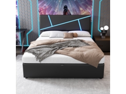 Cama Box Confortável 140x200cm Com Luz Led,cama De Casal Com Estrado E Encosto,cama Funcional Hidráulica Em Couro Sintético Preto Mega Echo Trade Shop