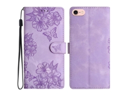 Capa De Couro Com Estampa De Borboleta E Flor Para Iphone 16e, Roxa