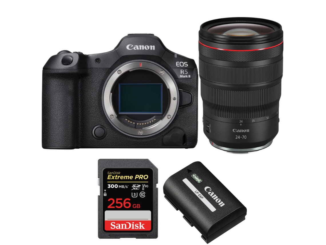 Eos R5 Mark Ii + Rf 24 70mm F/2.8 L Is Usm + 1 Sandisk 256gb Uhs ii 300mb/s + 1 Canon Lp e6p + Ebook “20 Dicas para Fotos Que Impressionam” CANON