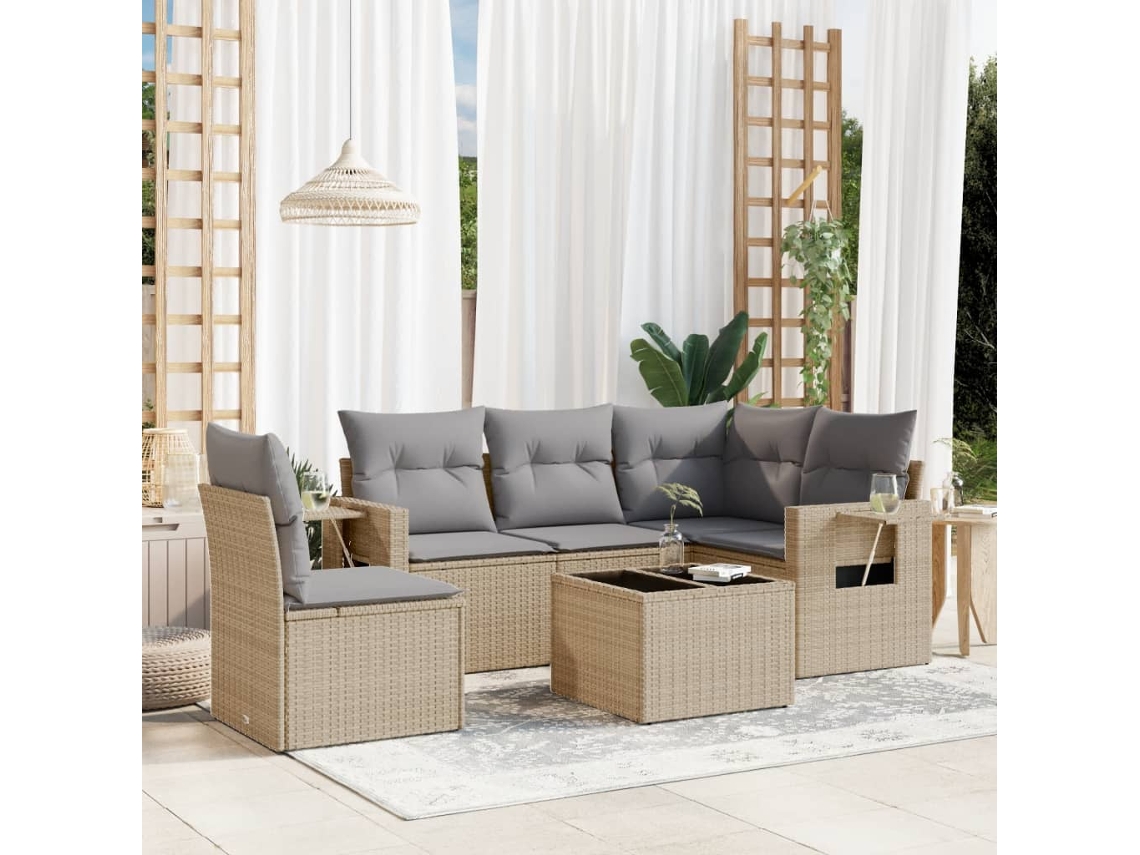 Vidaxl 6 Pcs Conjunto De Sofás P/ Jardim Com Almofadões Vime Pe Bege