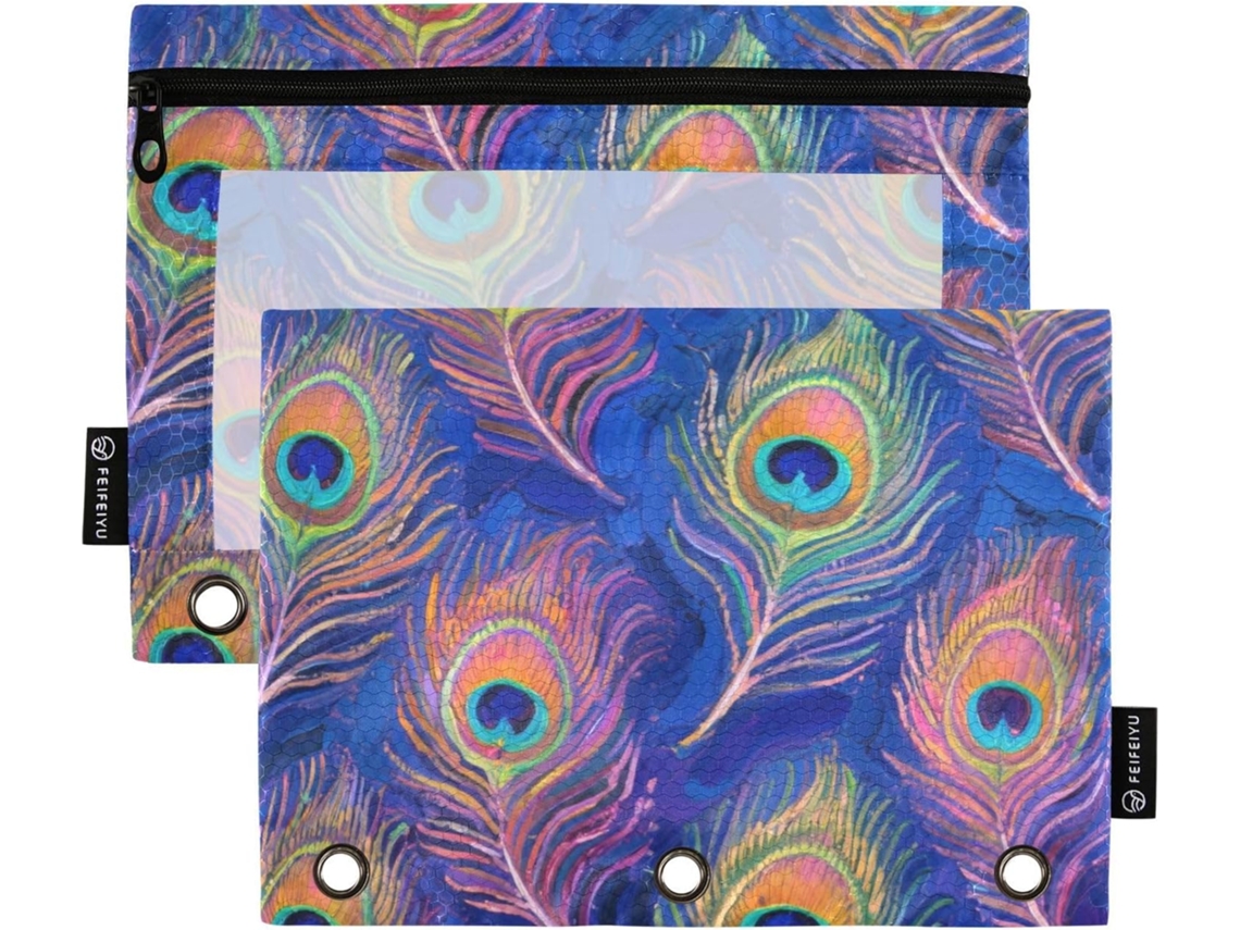 Pasta Com Estampa De Penas Pavão Azul, Fechamento Com 3 Argolas E Visor Transparente, Bolsos Com Ilhós E 3 Furos Para