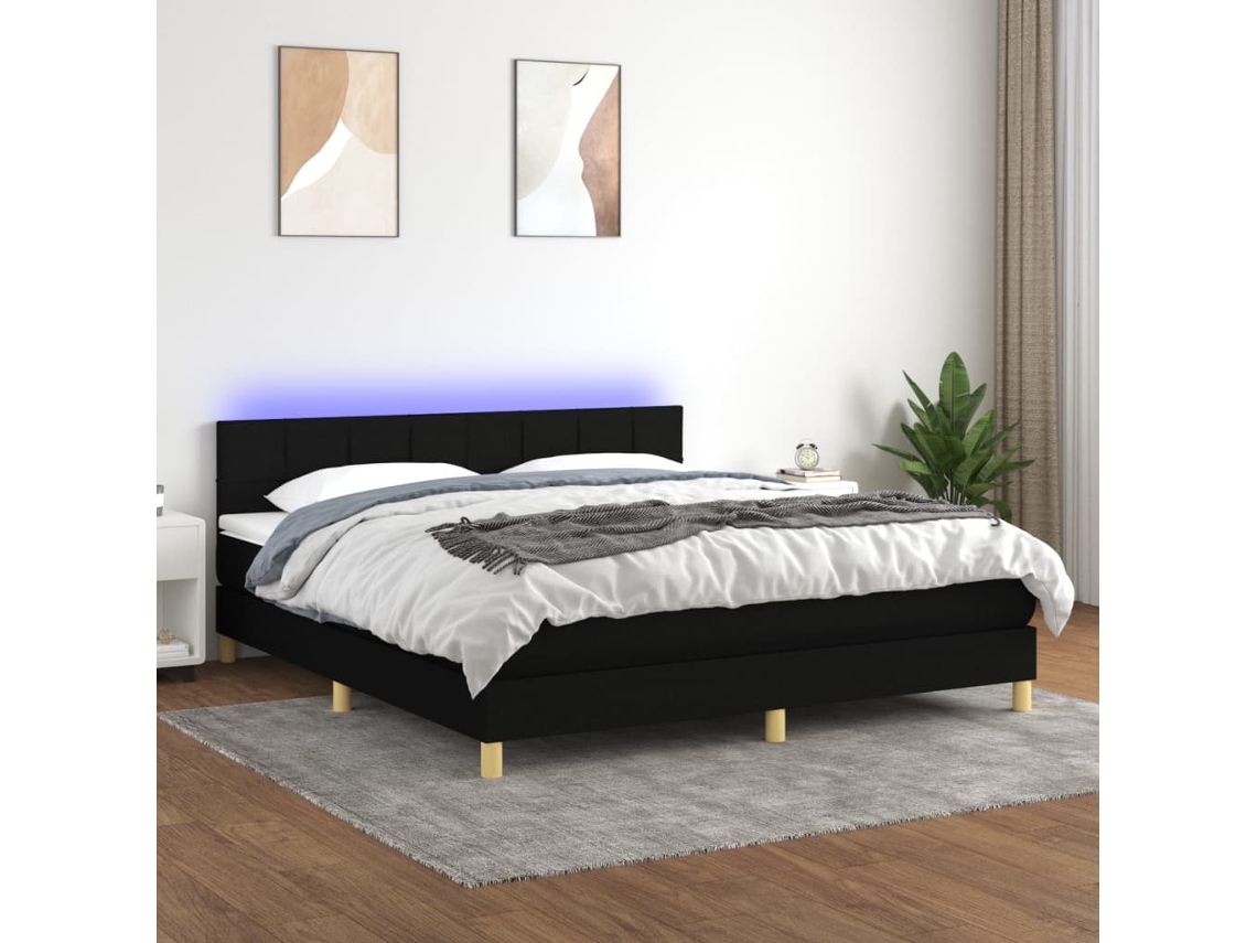 Vidaxl Cama Box Spring C/ Colchão E Led 160x200 Cm Tecido Preto
