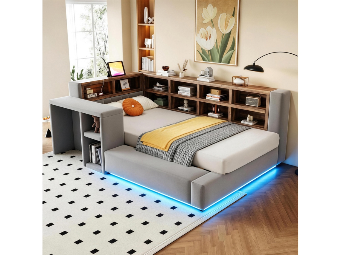 Cama Estofada 90x200 Cm Com Iluminação Led, Tomadas E Arrumação Cinzento Escuro