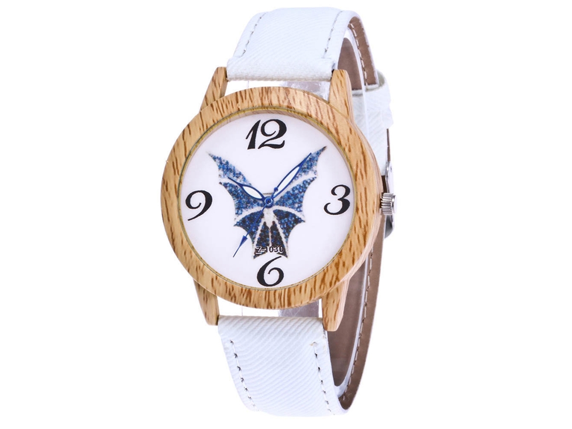 Relógio de quartzo unissex Zhoulianfa com pulseira de jeans e textura de madeira (branco)