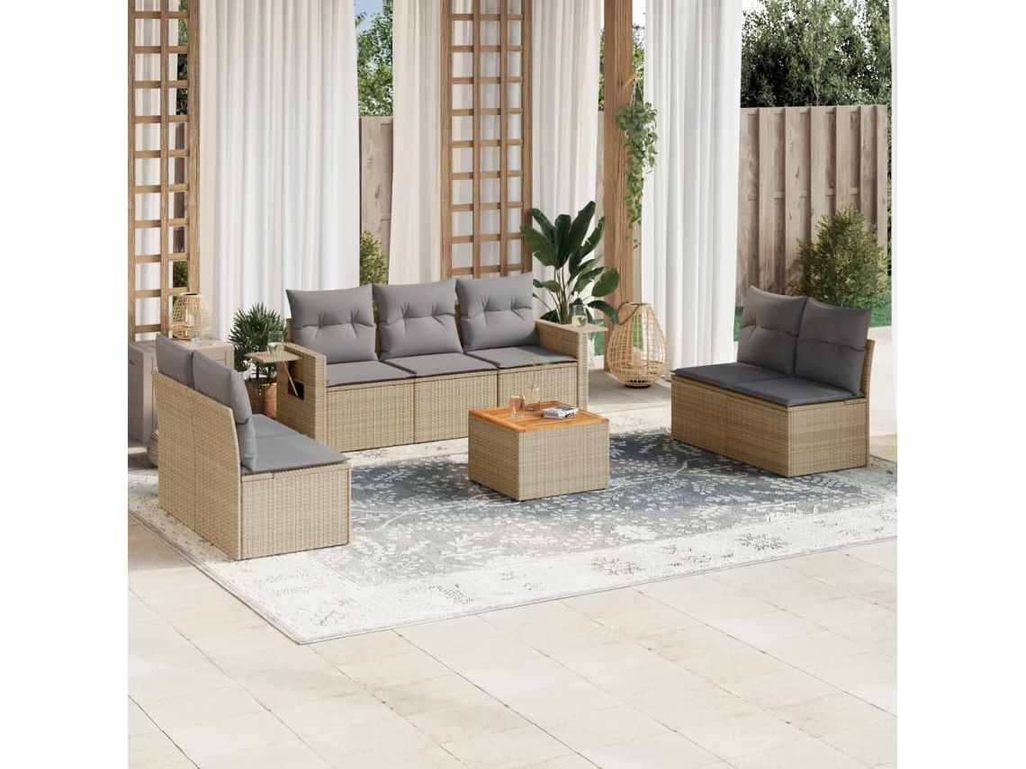 Vidaxl 8 Pcs Conj. Sofás Jardim C/ Almofadões Vime Pe Bege Misturado