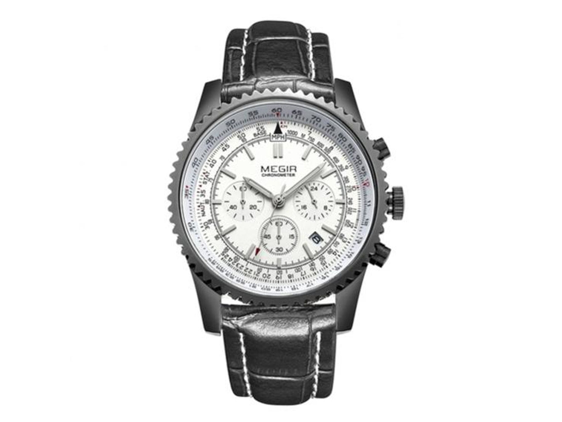 Relógio de pulso analógico masculino Megir, redondo, em aço inoxidável e com pulseira de couro.