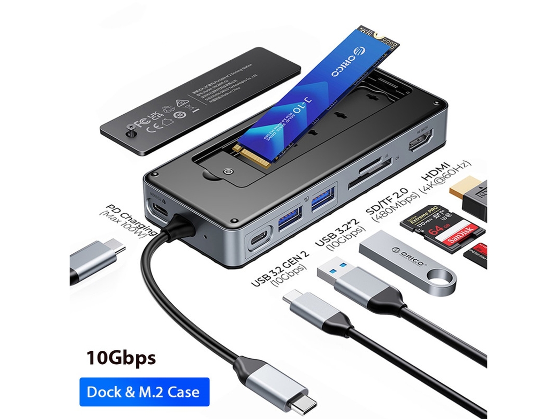 Yizhood Docking Station M.2 Ssd Enclosure Usb C PD100W 10Gbps M2 NVME Sata Case Externo 4K 60Hz Hdmi Com Cinza