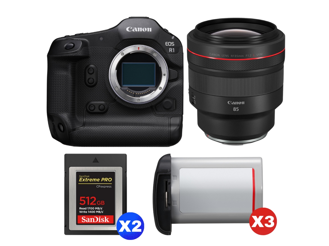Eos R1 + Rf 85mm F/1.2 L Usm + 2 Sandisk 512gb Extreme Pro Cfexpress Type B + 3 Canon Lp e19 + Ebook “20 Dicas para Fotos Que Impressionam” CANON