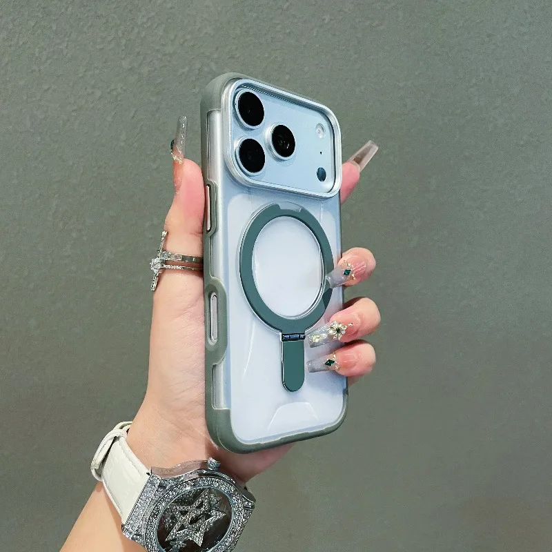 Capa Magnética Para Iphone 15 Pro (verde) Com Suporte De Anel De Metal Transparente E Acabamento Fosco.